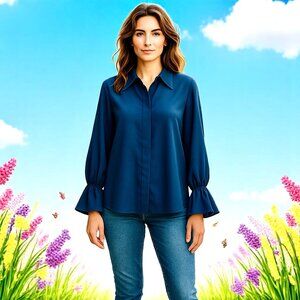 ANNE KLEIN Vintage USA Blouse Shirt Navy Blue Button Up RUFFLE Cuffs